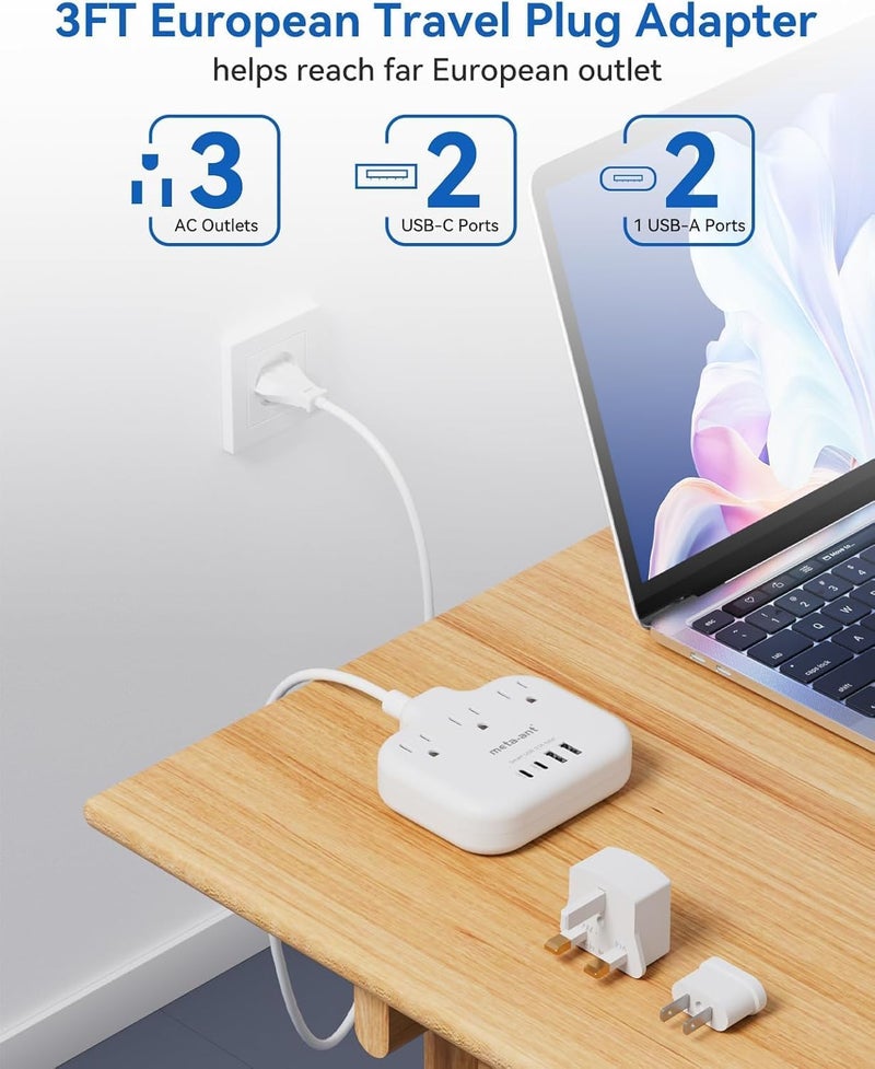 meta-ant PD30W European Travel Plug Adapter, International Power Strip with 3 Outlets 4 USB Ports(2 USB-C), Universal Travel Adapter with 5ft Extension Cord for EU US UK Europe France Spain - Image 5